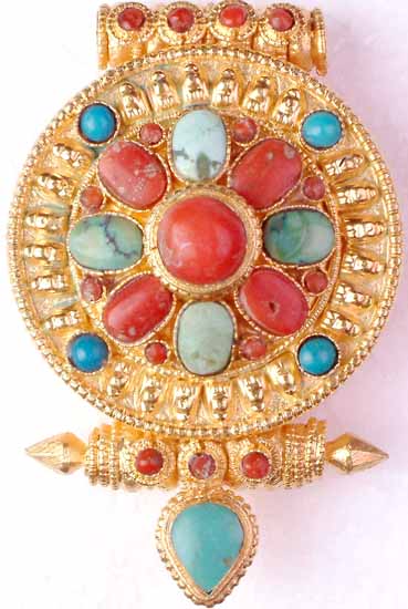 Gold Plated Gau Box Pendant with Turquoise and Coral