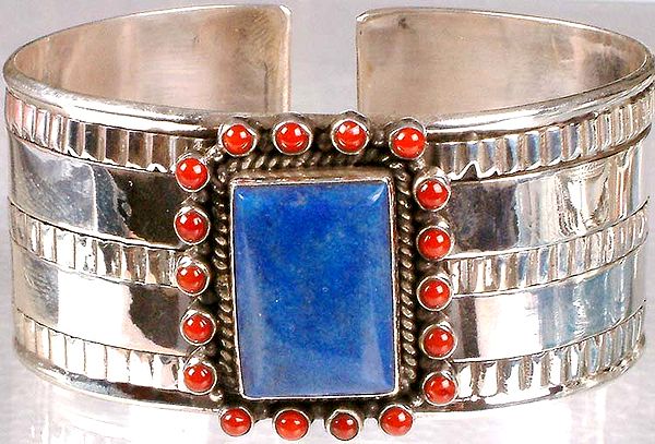 Lapiz Lazuli Cuff Bracelet with Coral