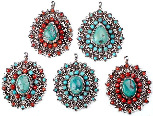 Lot of 5 Turquoise and Coral Pendants