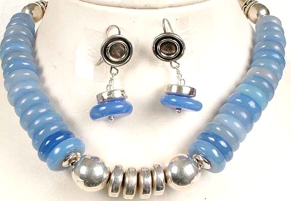 Necklace and Earrings Set of Blue Chalcedony Wheels