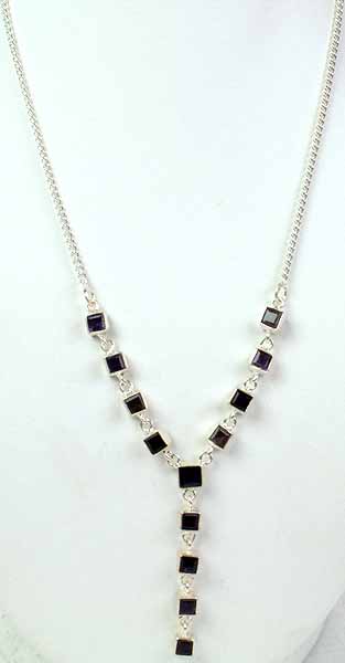 Necklace of Faceted Iolite Squares with Similar Dangle