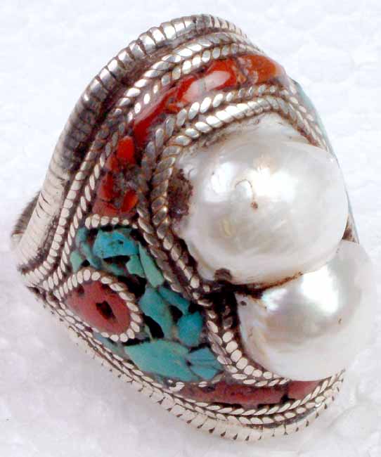 Pearl Ring with Inlay of Turquoise and Coral
