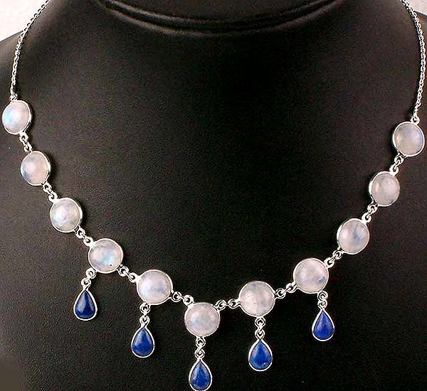 Rainbow Moonstone Necklace with Dangling Lapis Teardrops