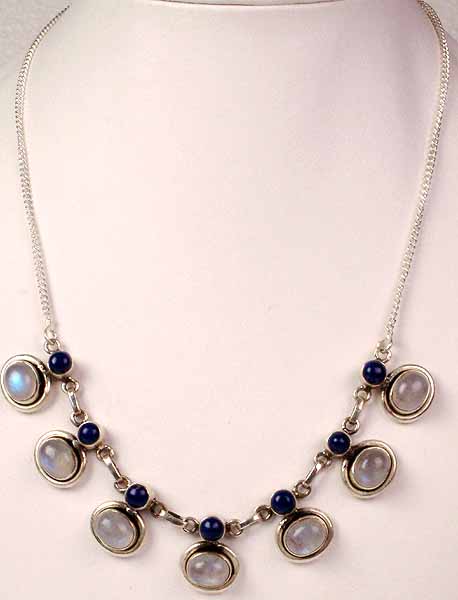 Rainbow Moonstone Necklace with Lapis Lazuli
