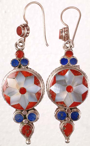 Sterling Earrings with Inlay of Coral, Lapis Lazuli and Shell