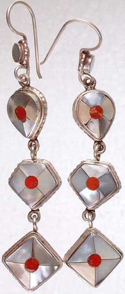 Sterling Earrings with Inlay of Shell and Coral