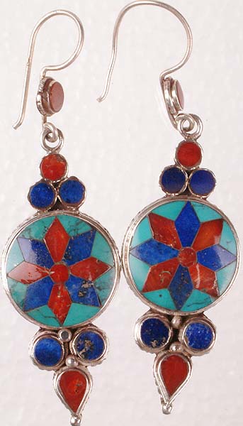 Sterling Earrings with Inlay of Turquoise, Coral and Lapiz Lazuli