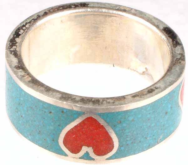 Sterling Ring with Inlay of Turquoise and Coral