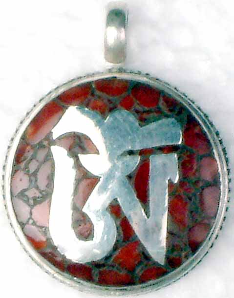 Tibetan Om Pendant with Coral Inlay