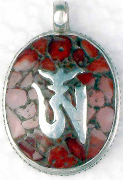 Tibetan Om Pendant with Coral Inlay