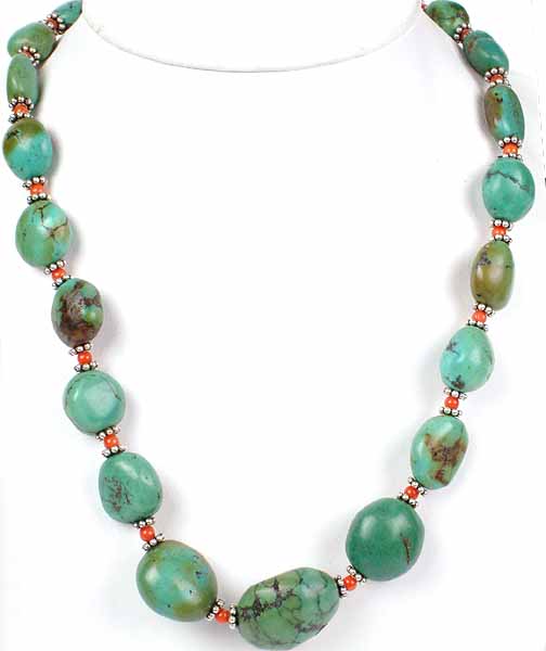 Turquoise and Coral Necklace with Toggle Lock