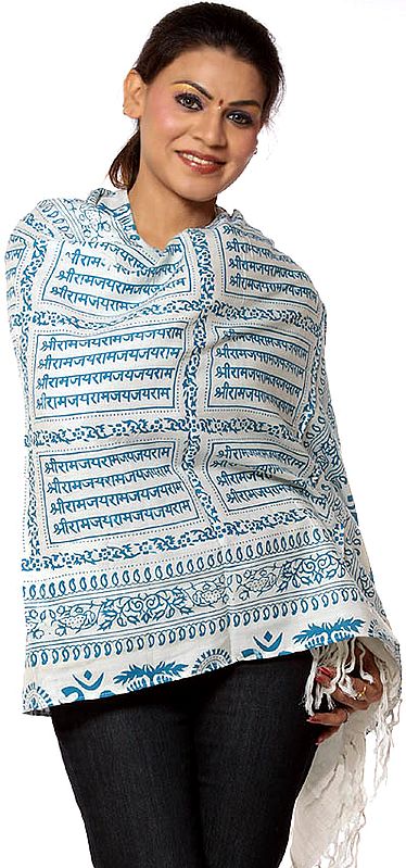 Ivory Stole with Ram Nam Mantra Block-Printed in Turquoise