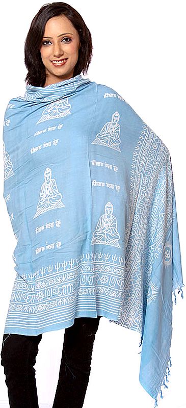 Sky-Blue Buddham Sharanam Gachhami Prayer Shawl