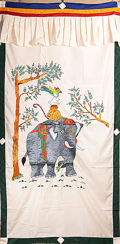 The Four Harmonious Friends (mthun-po spun-bzhi, Skt. catvari anukulabhratr) - Tibetan Altar Curtain with Hanging Brocade Atop