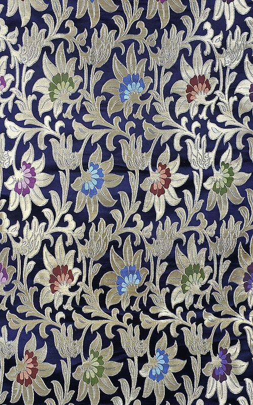 Astral Aura-Blue Brocade Fabric from Banaras with Golden Zari Weave