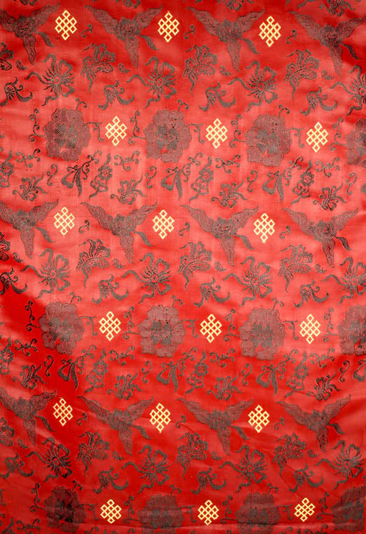 Auburn Brocade Fabric with Tibetan Endless Knot and Auspicious Motifs