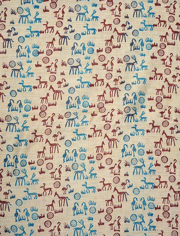 Beige Block Printed Fabric with Wild-Life Figures