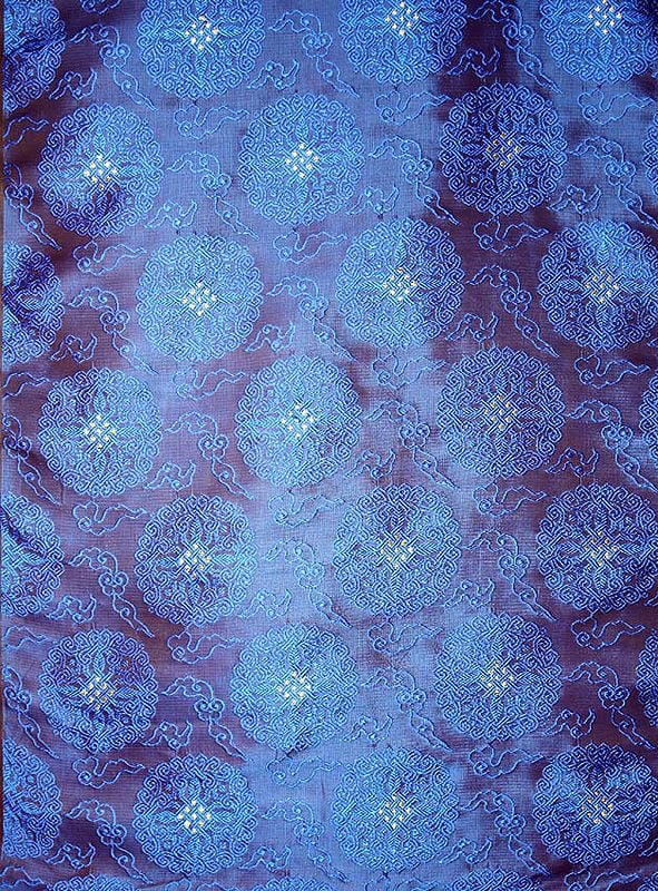 Blue Brocade Fabric with Stylized Vishva Vajra and Endless Knot in Self Weave