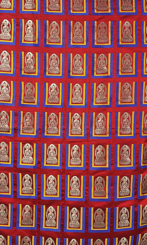 Chinese-Red Banarasi Fabric with All-Over Woven Buddhas in Dhyan Mudra