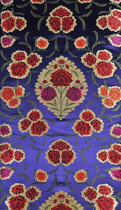 Dazzling-Blue Brocade Fabric from Banaras with Woven Roses and Zari Weave by Hand