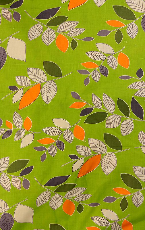Green Khadi Fabric with Printed Leaves