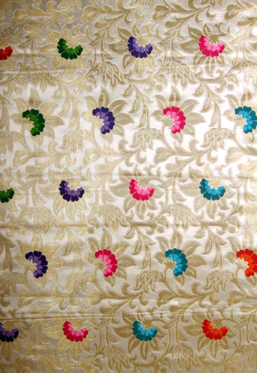 Ivory Hand-woven Brocade with Golden Thread Weave and Multi-Color Flowers