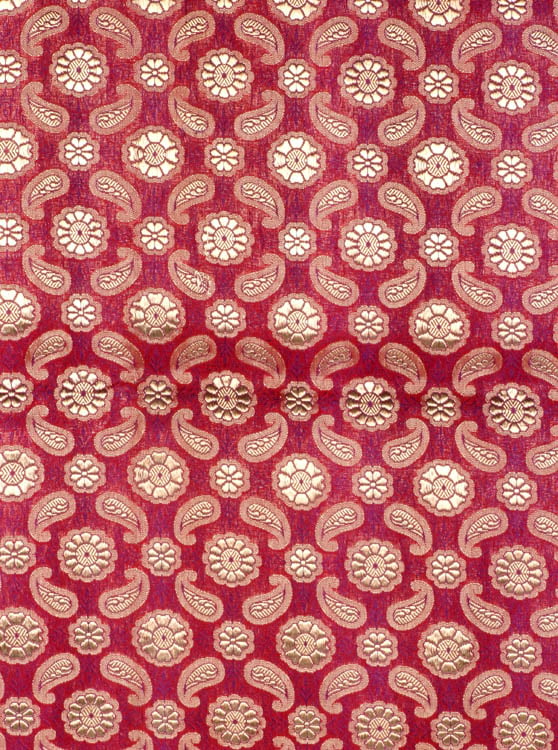Purple Katan Silk Fabric from Banaras with Woven Paisleys in Golden Thread