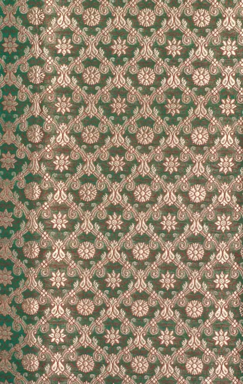 Islamic Green Katan Fabric from Banaras with All-Over Golden Thread Weave