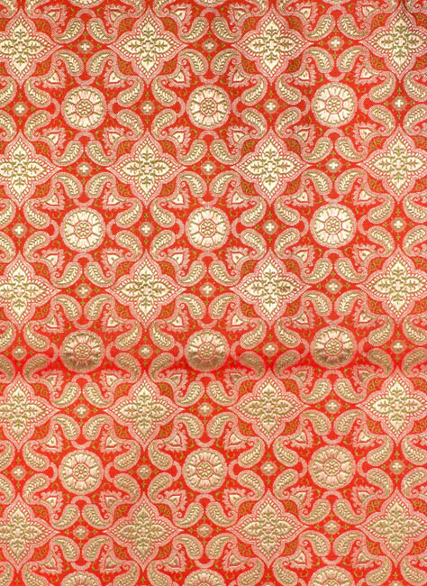 Red Banarasi Brocaded Fabric with Paisleys Woven in Golden Thread
