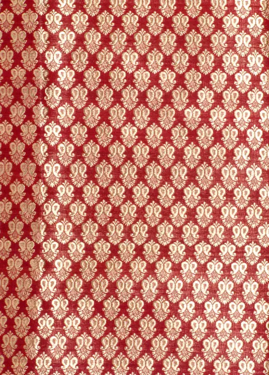 Red Katan Silk Fabric from Banaras with Woven Paisleys All Over