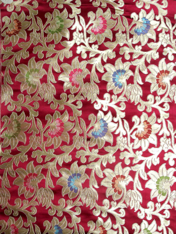 Cordovan Hand-woven Brocade with Golden Thread Weave and Multi-Color Flowers