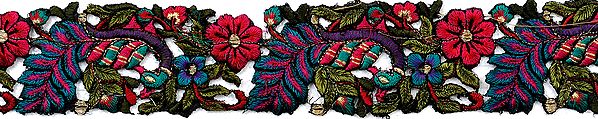 Multi-Color Floral Cutwork Border with Embroidered Peacock
