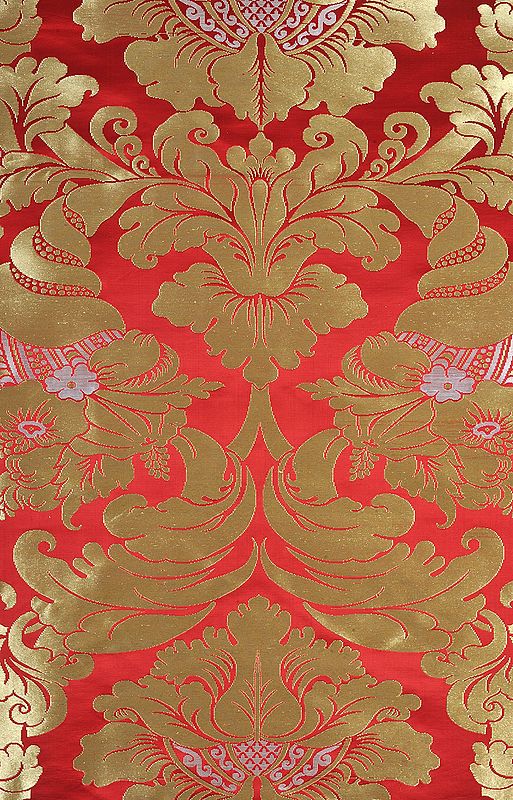 Poppy-Red Auspicious Tibetan Fabric with Golden Thread Weave All-Over