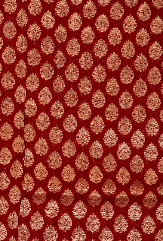 Red Banarasi Katan Georgette Fabric with Woven Leaves