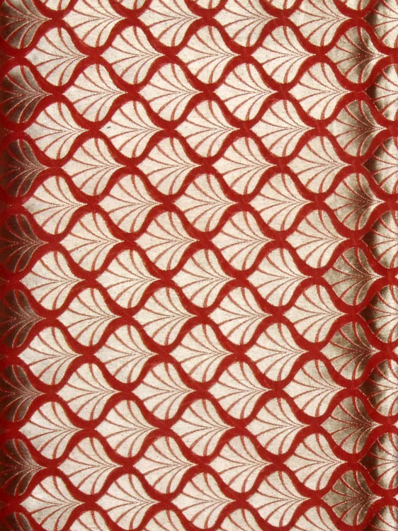 Red Katan Georgette Fabric from Banaras with Woven Leaves in Golden Thread