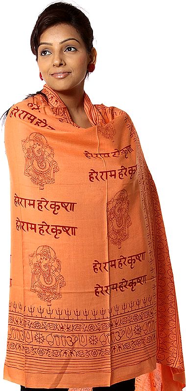 Cotton Prayer Shawl adorned with chants of Hare Rama Hare Krishna with Ganesha
