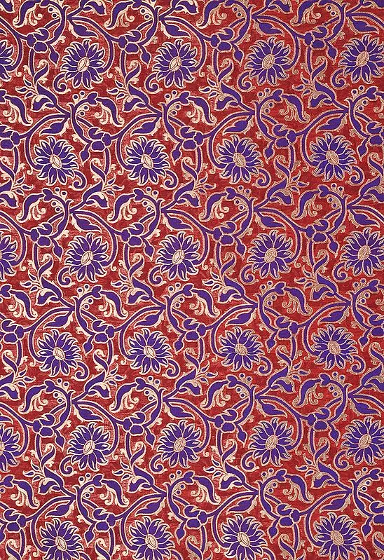 Flame Scarlet-Red Katan Fabric from Banaras with Woven Flowers in Blue and Gold