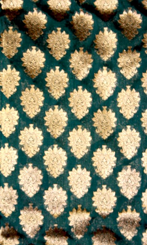Sea-Green Fabric from Banaras with Floral Vase Woven in Golden Thread
