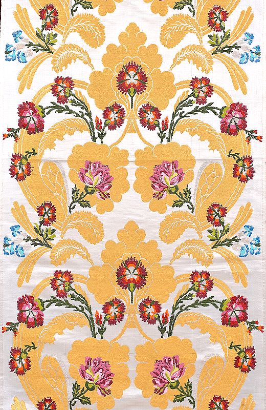 Ivory and Golden Tibetan Handloom Floral Brocade