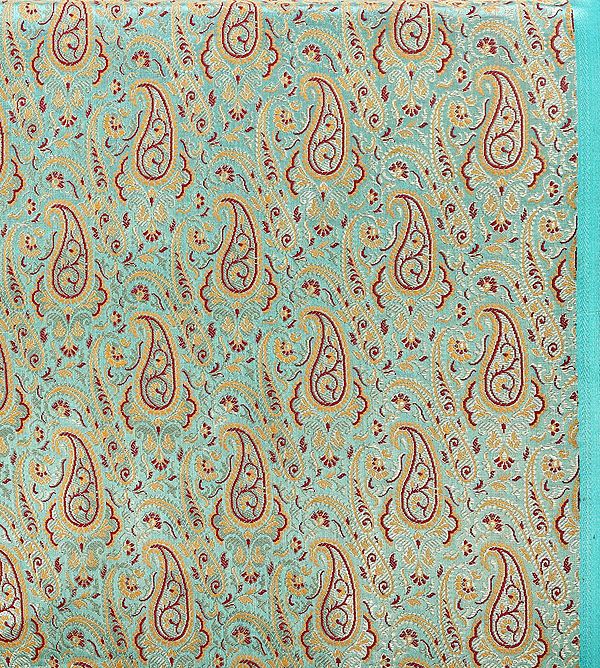 Turquoise-Blue Fabric from Banaras with Paisleys Woven in Golden Thread