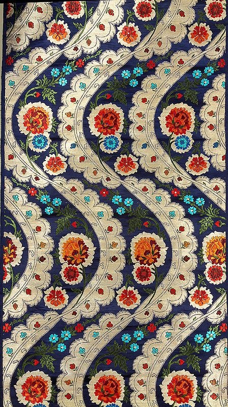 Royal-Blue Brocade Fabric with Five Woven Flowers