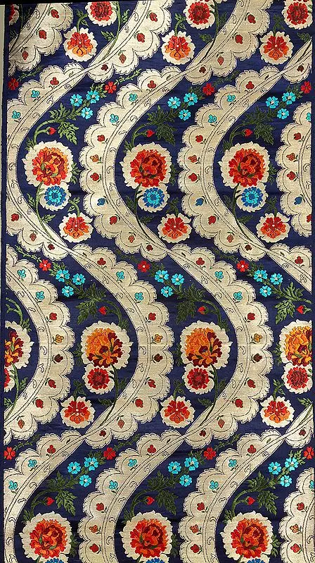 Royal-Blue Brocade Fabric with Five Woven Flowers