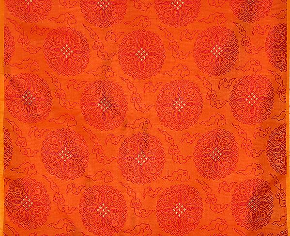 Scarlet Brocade Fabric with Stylized Tibetan Endless Knot and Self Weave