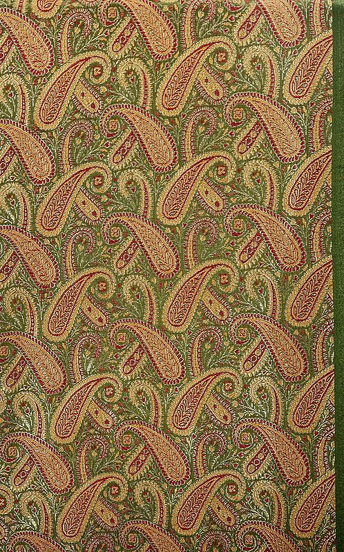 Green Fabric from Banaras with Paisleys Woven in Golden Thread