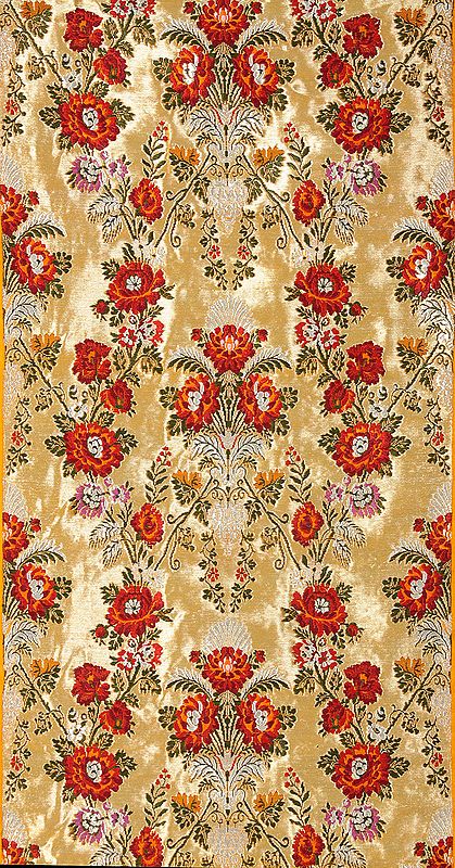 Golden Brocaded Floral Fabric Hand-woven in Banaras