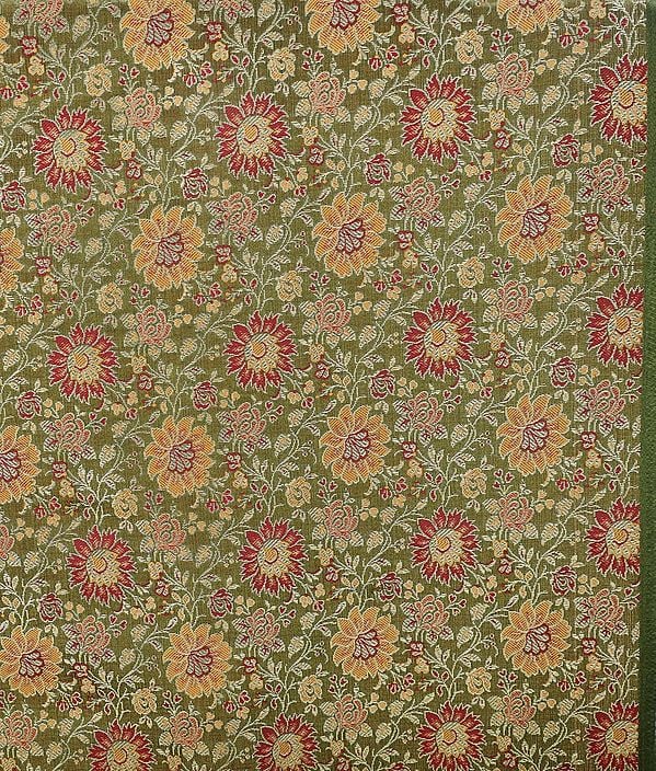 Olive Green Banarasi Brocade Fabric with Woven Flowers