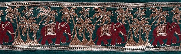 Green Banarasi Fabric Border with Woven Elephants and Palm Trees