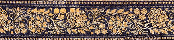 Navy-Blue Banarasi Fabric Border with Woven Flowers