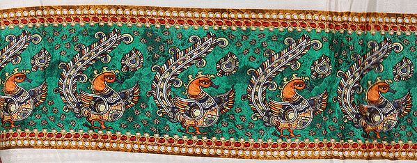 Green Fabric Border with Digital-Printed Stylized Peacocks