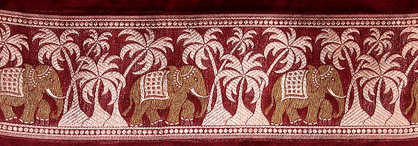 Maroon Banarasi Fabric Border with Woven Elephants and Palm Trees